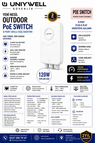 Uniywell 8+2 Port Outdoor PoE Switch 120W IP65 10/100 Mbps Tak Çalıştır